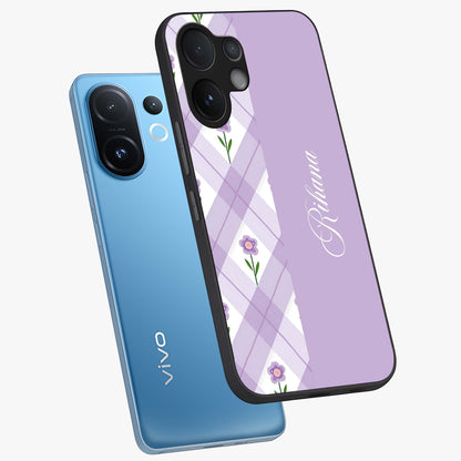 Purple Diamond Floral Glass Case displayed in angled mockup highlighting elegant purple flower design with decorative pattern.