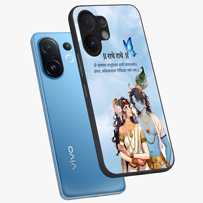 Radha Krishna Eternal Glass Case displayed in angled mockup highlighting divine Radha Krishna illustration with spiritual aesthetic.