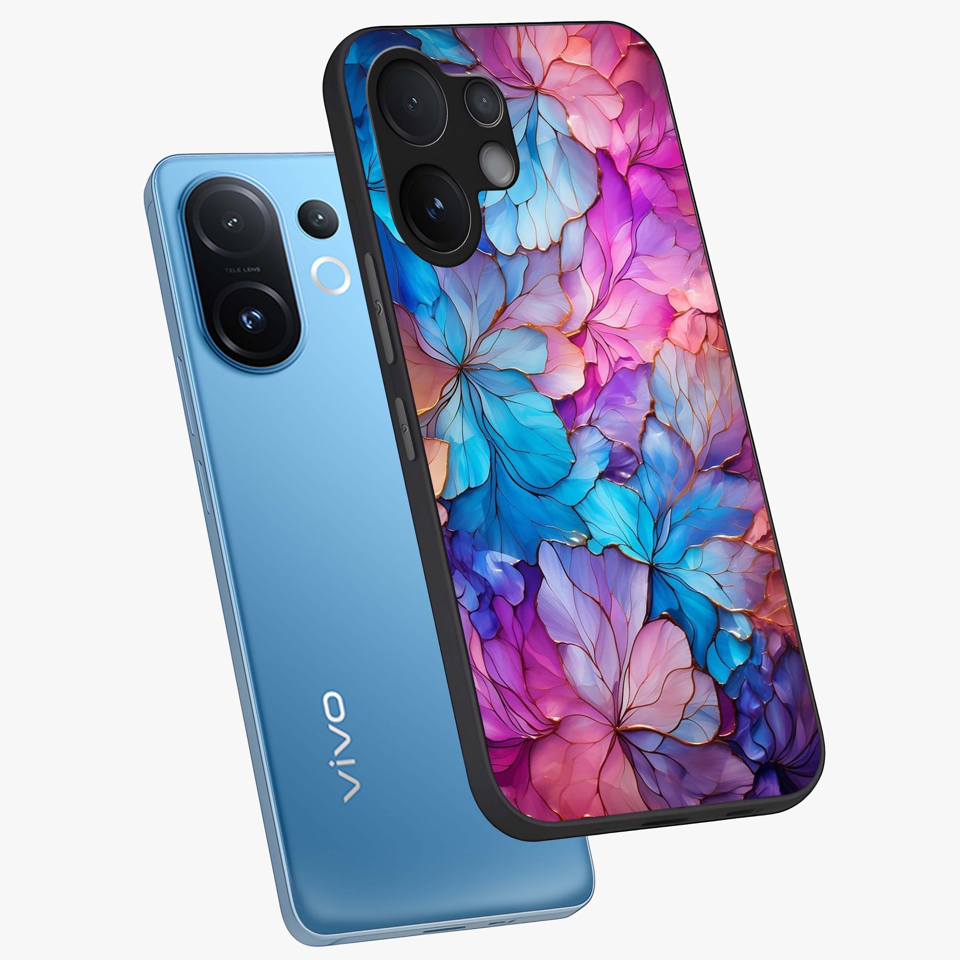 Radiant Floral Whirl Glass Case displayed in angled mockup highlighting vibrant flower pattern with dynamic artistic aesthetic.