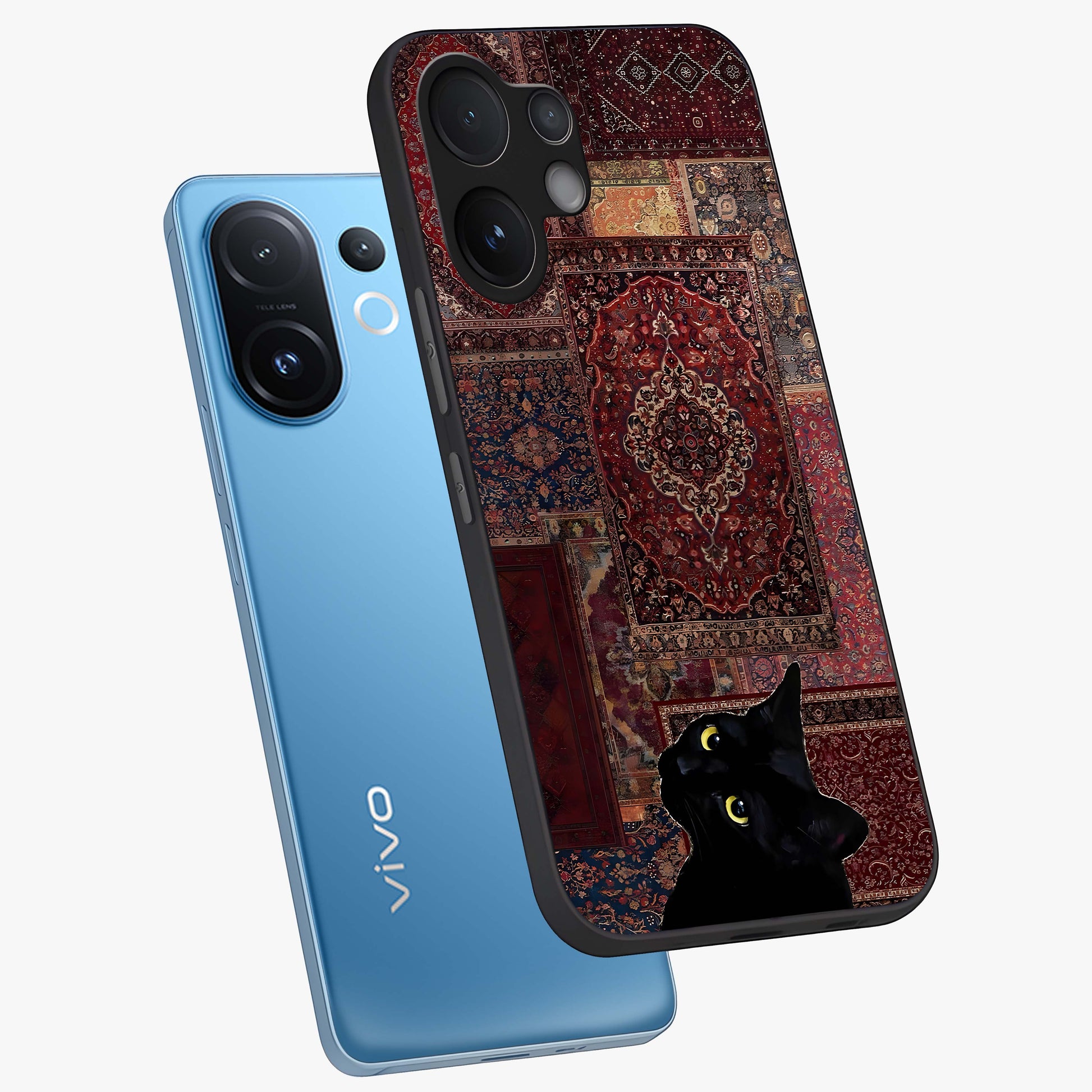 Regal Magic Cat Apple Glass Case displayed in angled mockup highlighting whimsical feline design with fantasy aesthetic.