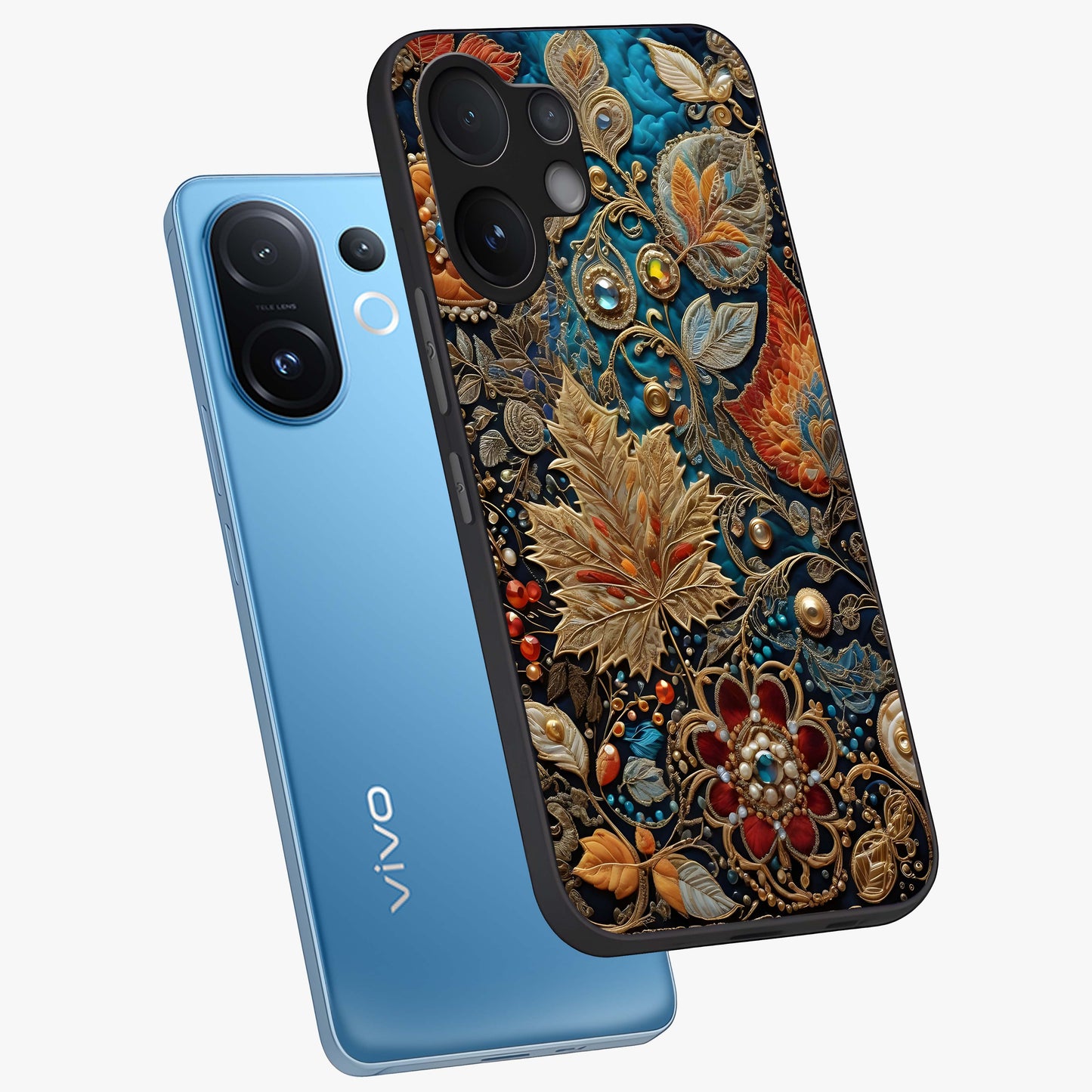 Royal Jewel Garden Glass Case displayed in angled mockup highlighting vibrant jewel inspired floral design with elegant aesthetic.