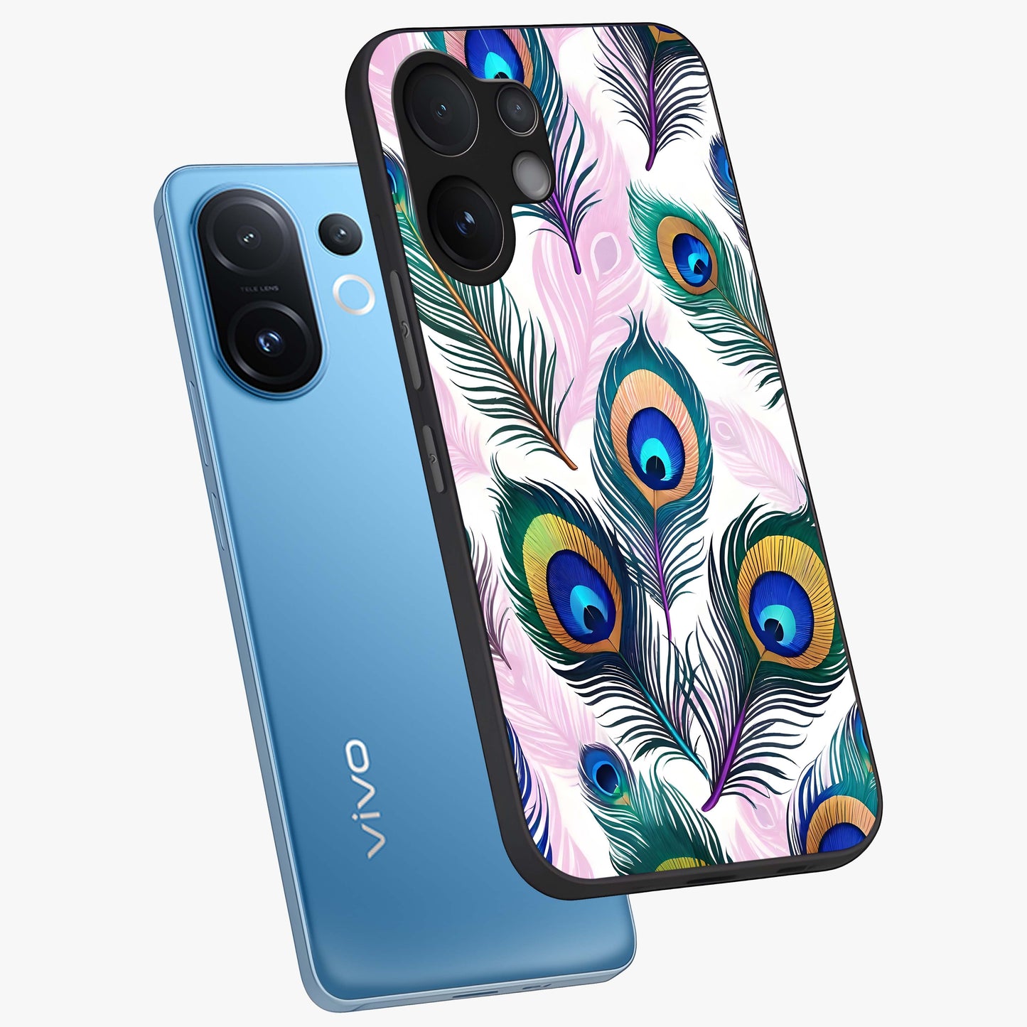 Royal Peacock Feathers Glass Case displayed in angled mockup highlighting vibrant feather pattern with regal aesthetic style.