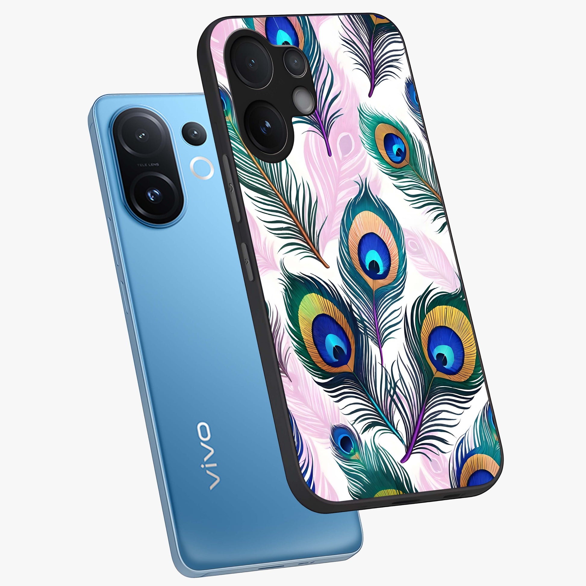 Royal Peacock Feathers Glass Case displayed in angled mockup highlighting vibrant feather pattern with regal aesthetic style.
