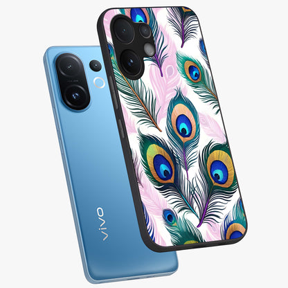 Royal Peacock Feathers Glass Case displayed in angled mockup highlighting vibrant feather pattern with regal aesthetic style.