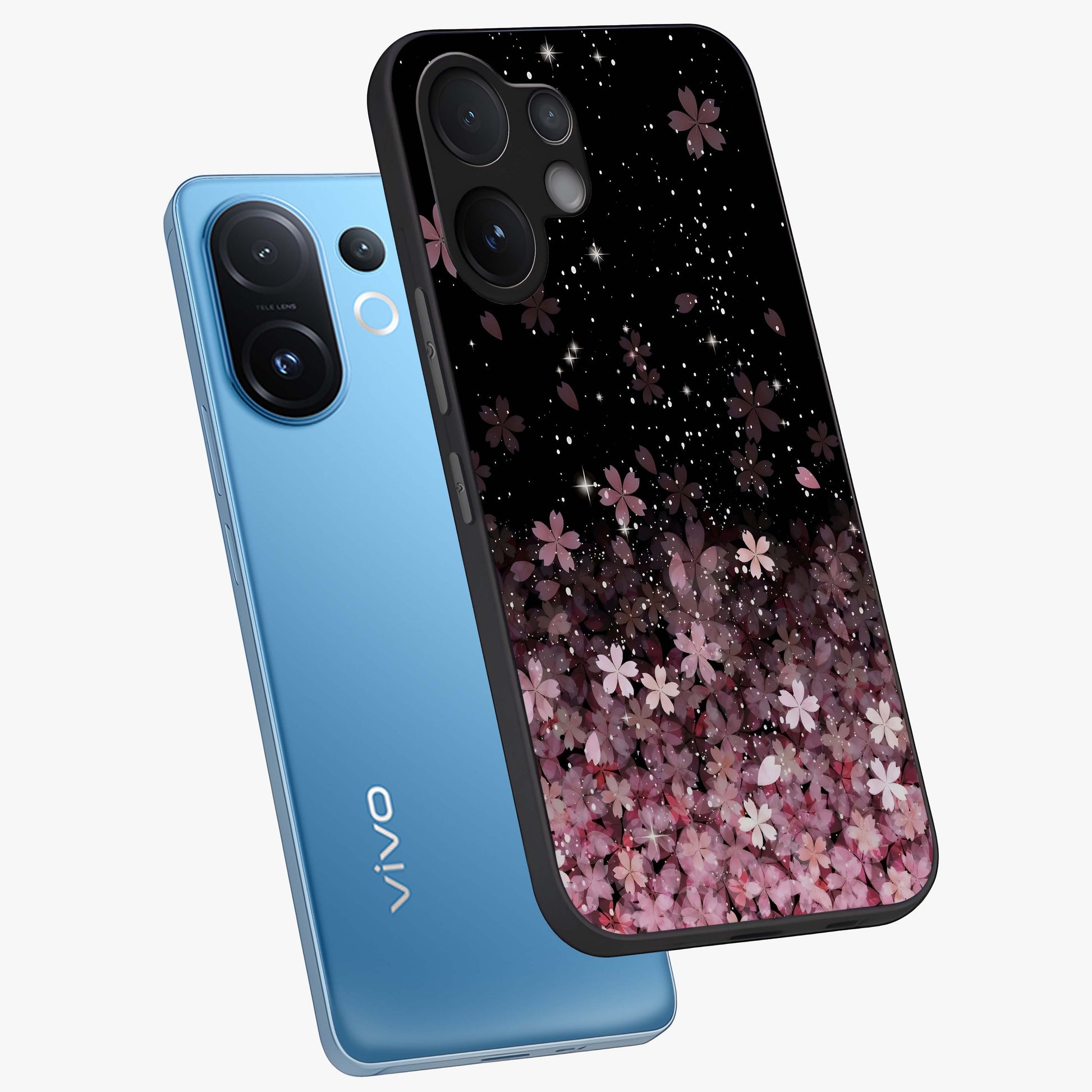 Small Starry Flowers Glass Case displayed in angled mockup highlighting tiny flower pattern with celestial aesthetic style.