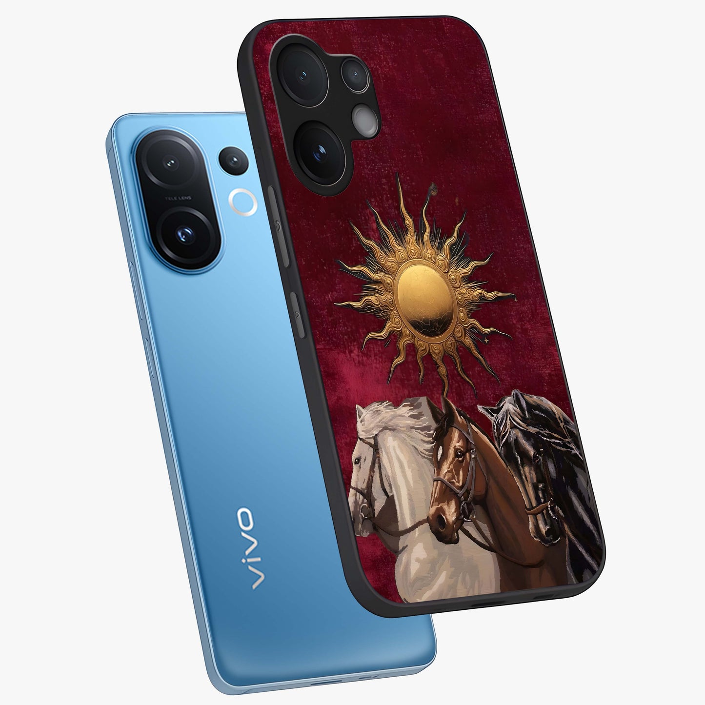 Solar Riders Glass Case displayed in angled mockup highlighting powerful rider illustration with radiant solar aesthetic.
