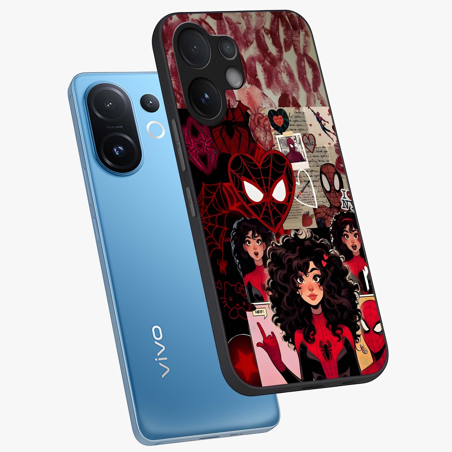 Spider Love Story Glass Case displayed in angled mockup highlighting expressive comic inspired design with playful aesthetic.