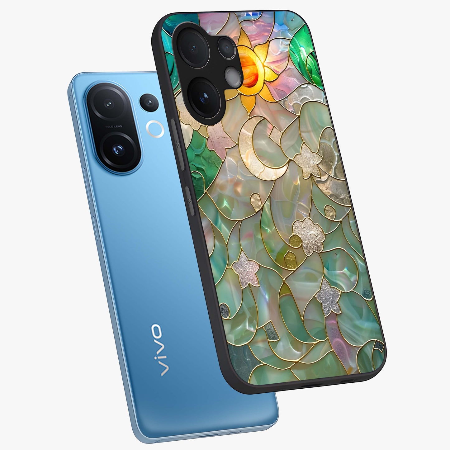 Stained Sunrise Glow Glass Case displayed in angled mockup highlighting radiant sunrise design with artistic aesthetic style.
