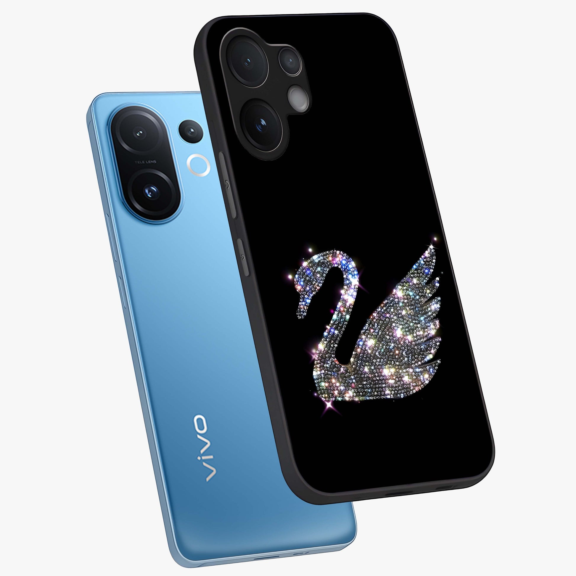 Starlit Swan Grace Glass Case displayed in angled mockup highlighting elegant swan illustration with dreamy celestial aesthetic.