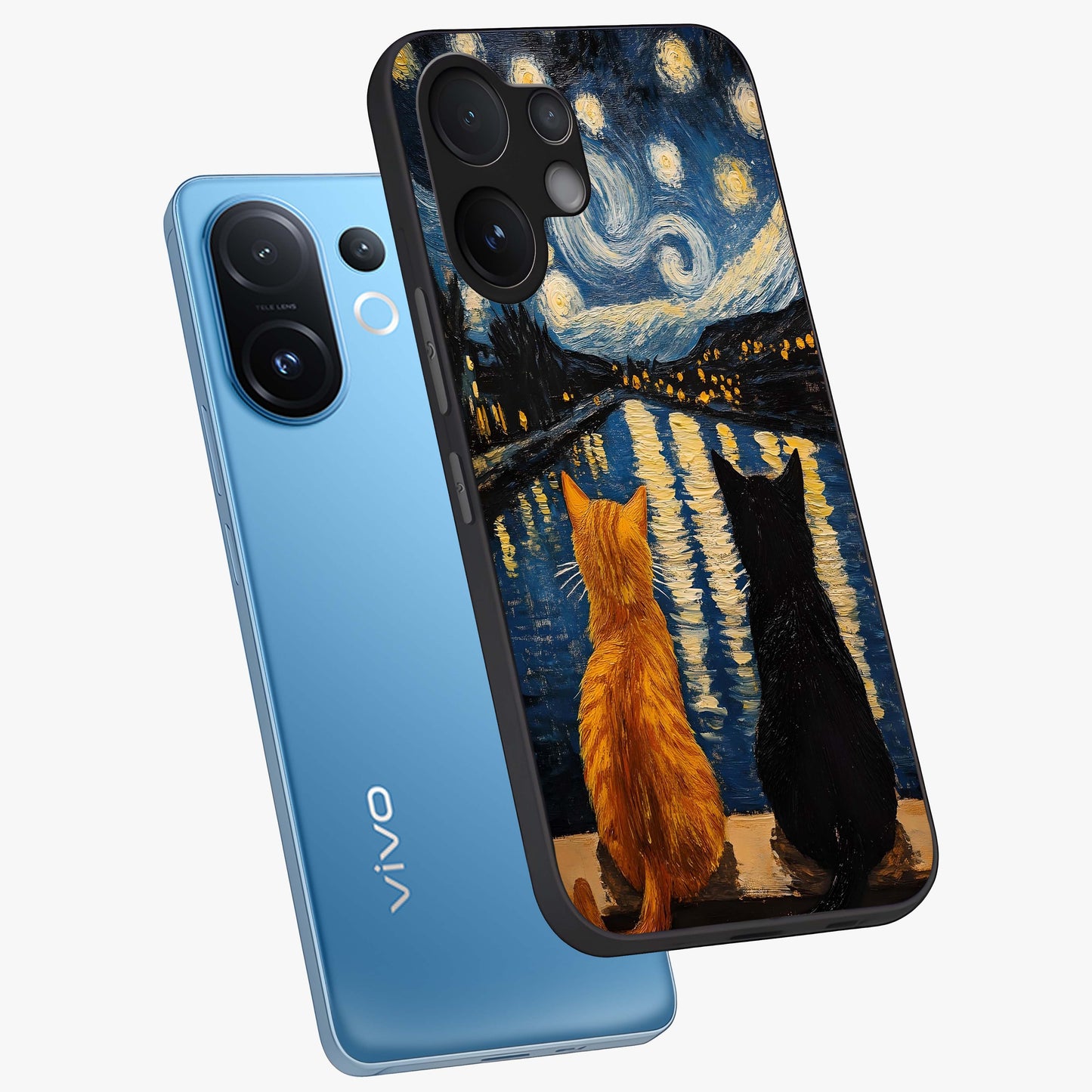 Starry River Cats Glass Case displayed in angled mockup highlighting charming feline illustration with dreamy night aesthetic.