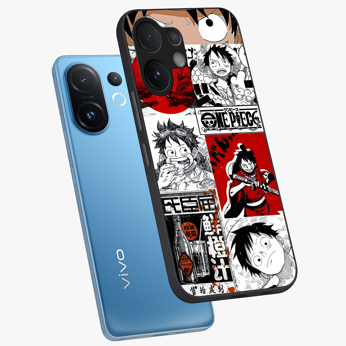 Strawhat Chaos Panels Glass Case displayed in angled mockup highlighting vibrant anime collage design with action aesthetic.