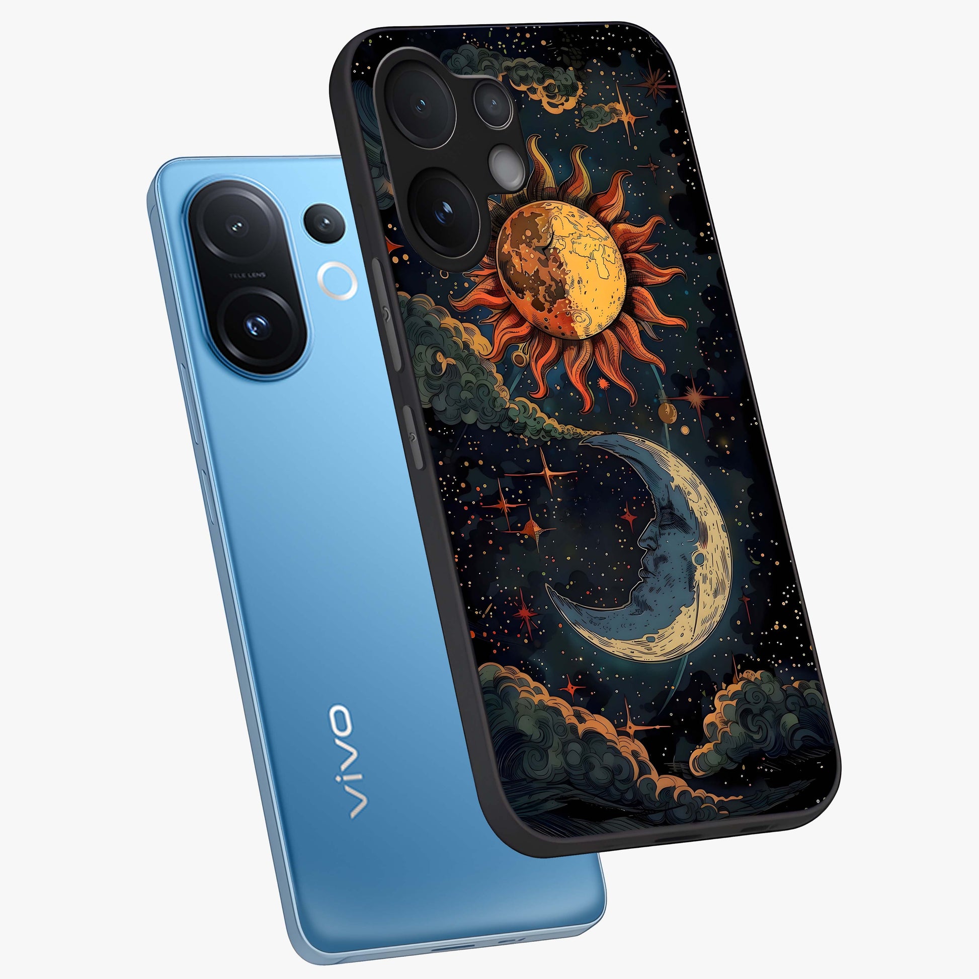 Sun And Moon Magic Design Glass Case displayed in angled mockup highlighting celestial design with magical cosmic aesthetic.