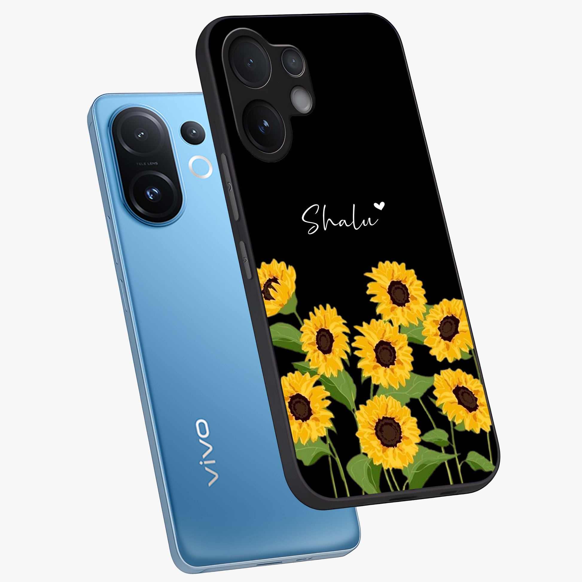 Sunflower Chic Mood Custom Name Glass Case displayed in angled mockup highlighting vibrant sunflower design with custom name feature.