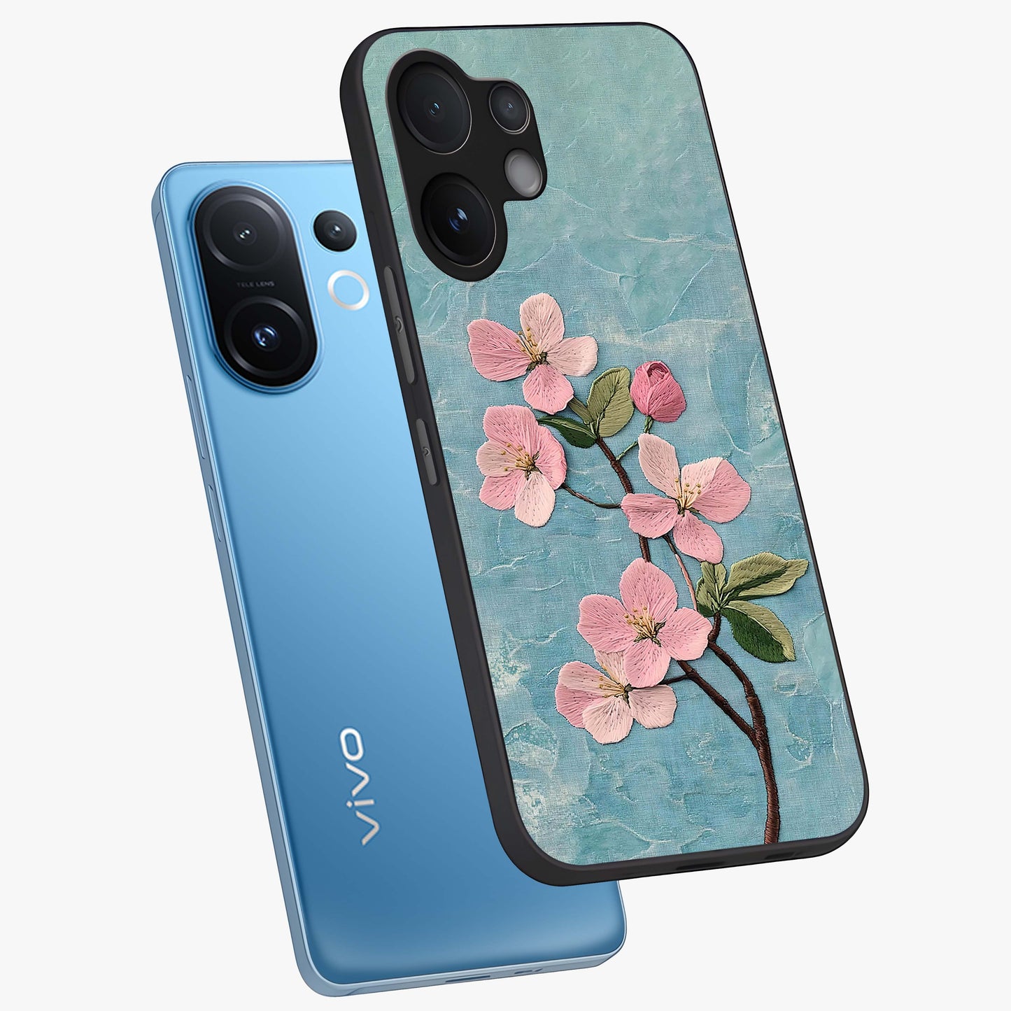 Threaded Blossom Breeze Glass Case displayed in angled mockup highlighting elegant floral design with soft aesthetic style.