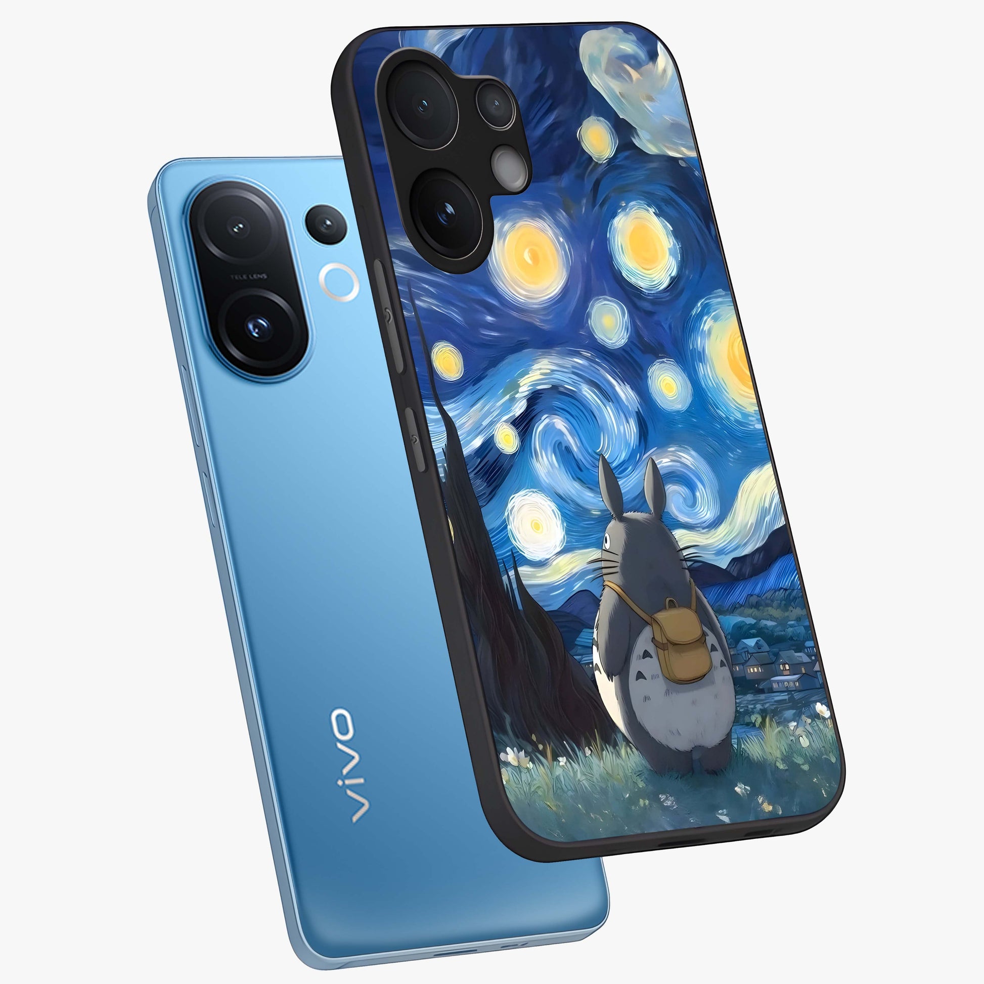 Totoro In Van Gogh Art Glass Case displayed in angled mockup highlighting artistic swirling sky design with playful animation aesthetic.