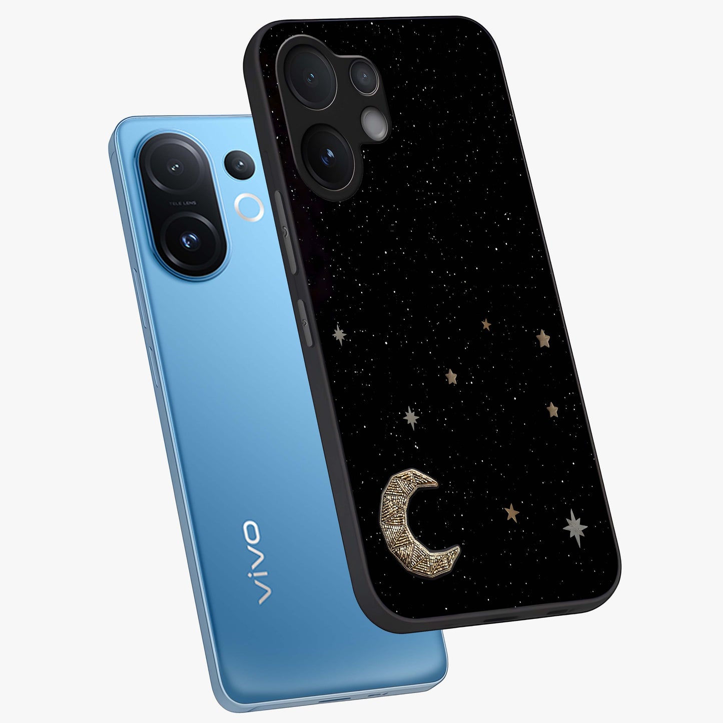 Twinkle Star With Half Moon Glass Case displayed in angled mockup highlighting celestial moon and star design with magical aesthetic.