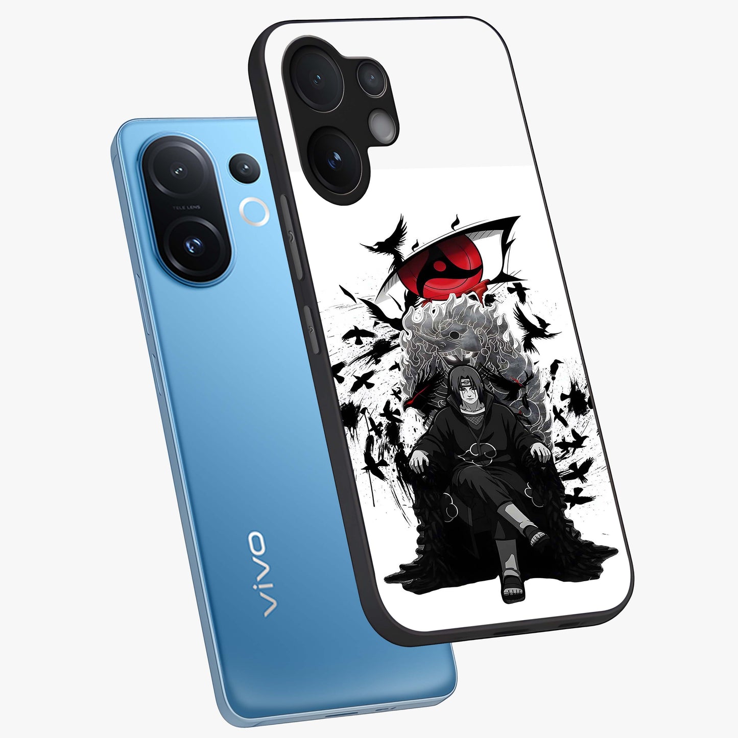 Uchiha Shadow Throne Glass Case displayed in angled mockup highlighting glowing aquatic design with celestial aesthetic.