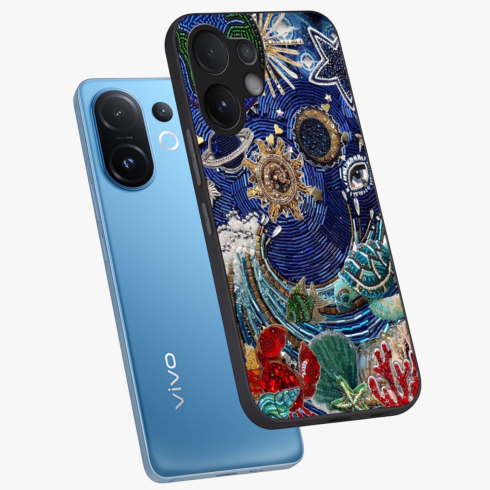 Universe Underwater Spark Glass Case displayed in angled mockup highlighting glowing aquatic design with celestial aesthetic.