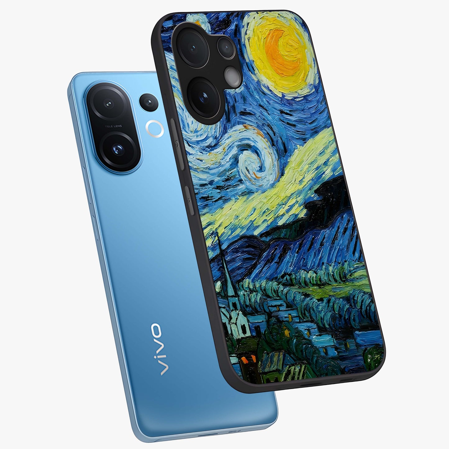 Van Gogh Art Glass Case displayed in angled mockup highlighting swirling brushstroke design with artistic aesthetic.