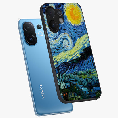 Van Gogh Art Glass Case displayed in angled mockup highlighting swirling brushstroke design with artistic aesthetic.