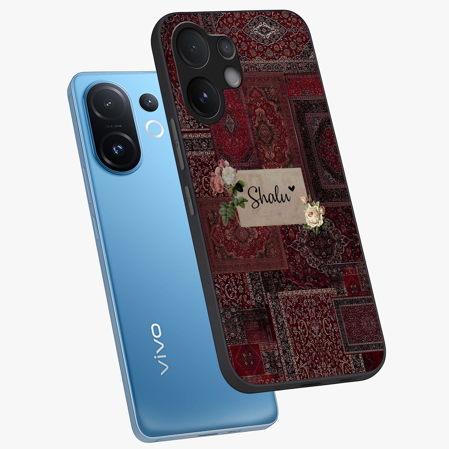 Velvet Wine Pattern Custom Name Glass Case displayed in angled mockup highlighting decorative velvet inspired design with custom name feature.