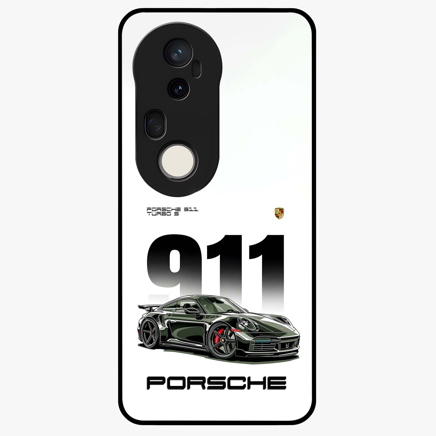 911 Turbo Dominance Glass Case showing clean flat back view with bold 911 sports car artwork and glossy glass finish.