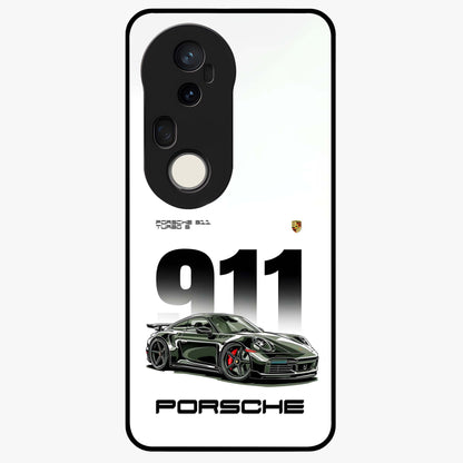 911 Turbo Dominance Glass Case showing clean flat back view with bold 911 sports car artwork and glossy glass finish.