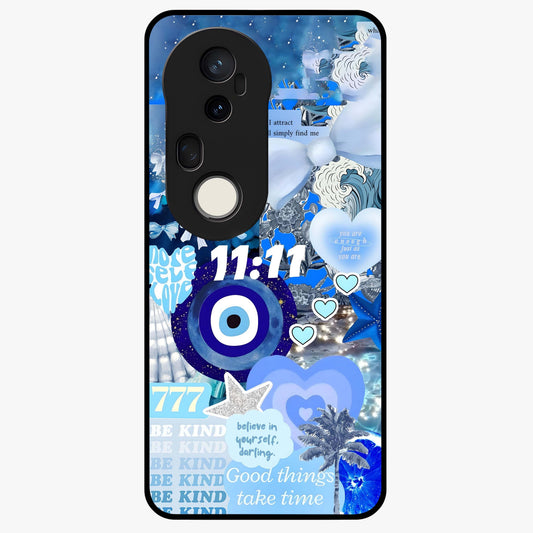 Aesthetic Be Kind Eye Glass Case showing flat back view with motivational eye artwork and glossy glass finish.