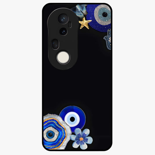 Aesthetic Blue Evil Eye Glass Case showing flat back view with protective evil eye artwork and glossy glass finish.