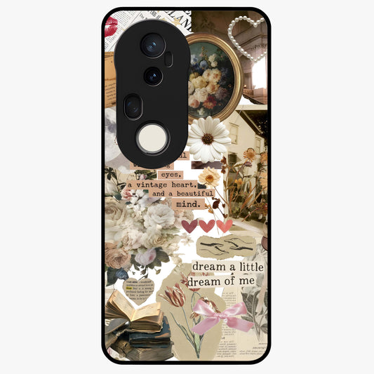 Aesthetic Brown Vintage Collage Glass Case showing flat back view with retro collage artwork and glossy glass finish.