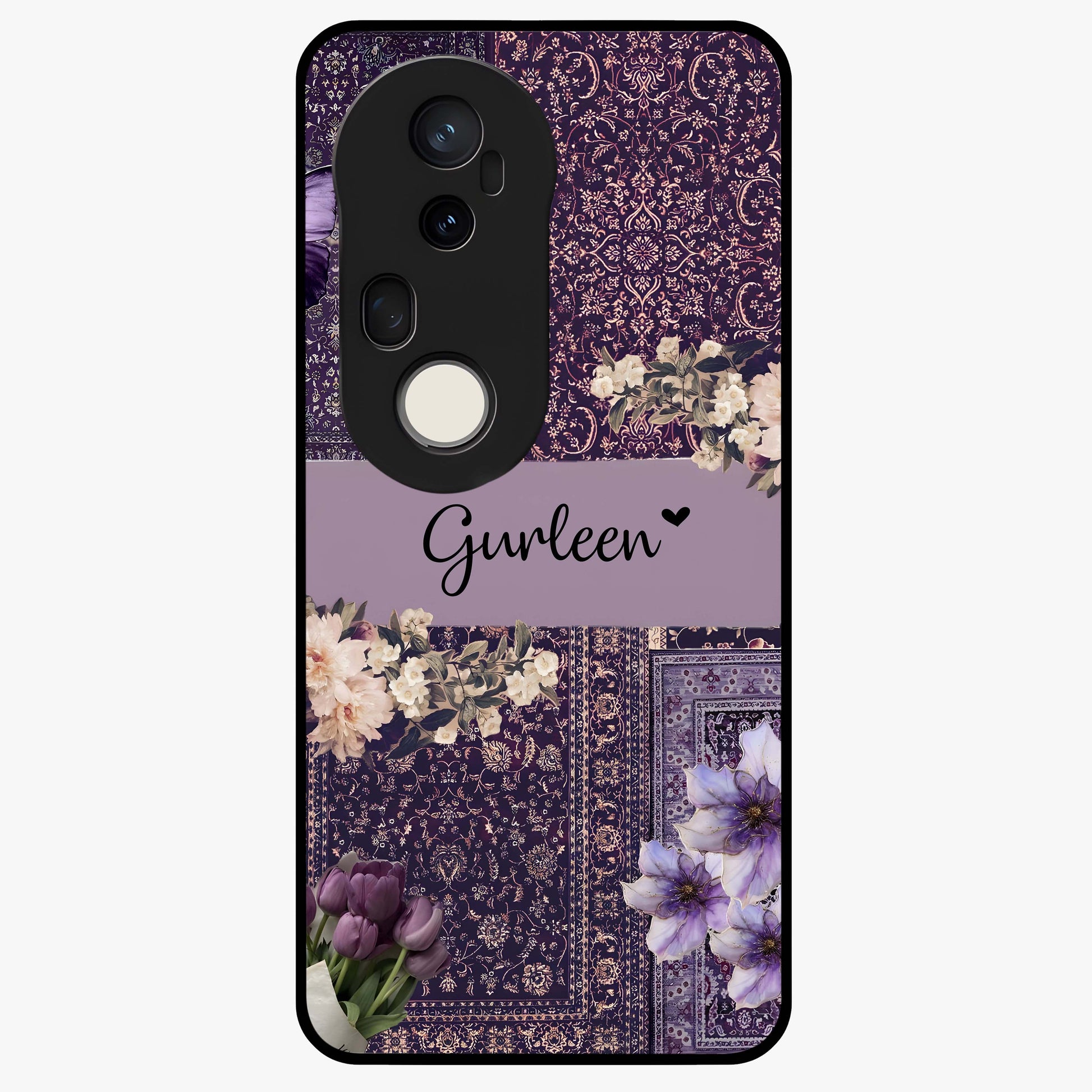 Antique Floral Whisper Custom Name Glass Case showing flat back view with vintage floral artwork and personalized name design.