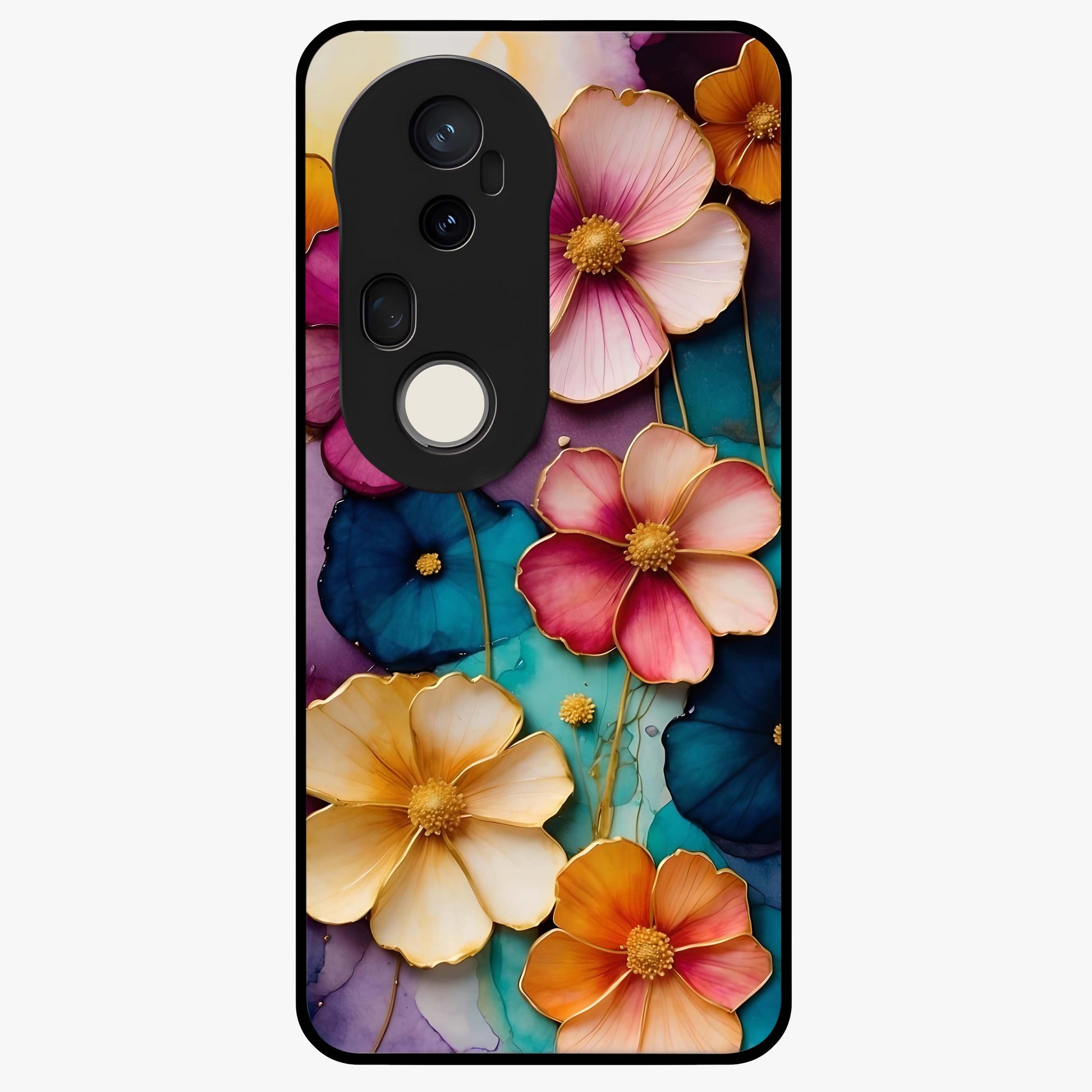Artlyn Grace Flower Pattern Glass Case showing flat back view with elegant floral pattern artwork and glossy glass finish.