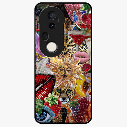 Beaded Fashion Jungle Glass Case showing flat back view with vibrant jungle inspired bead artwork and glossy glass finish.