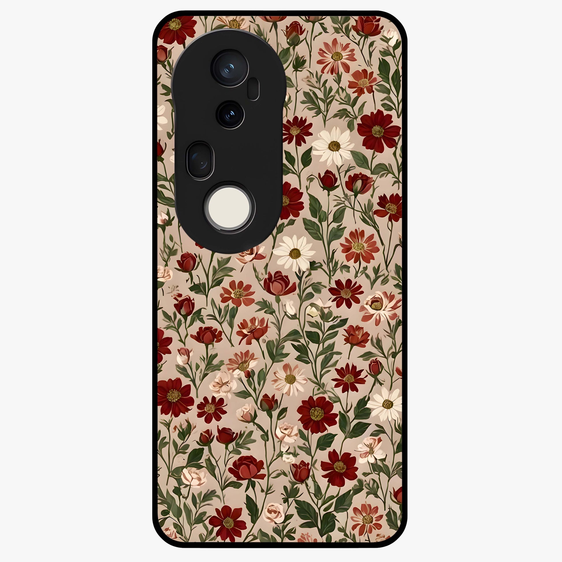 Biege Flower With Leaf Glass Case showing flat back view with soft beige floral artwork and glossy glass finish.