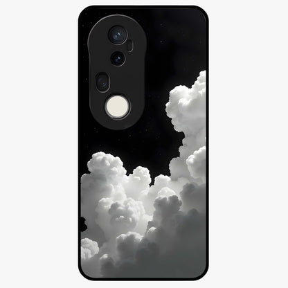 Black Background With White Cloud Glass Case showing flat back view with minimal cloud artwork on dark background and glossy glass finish.