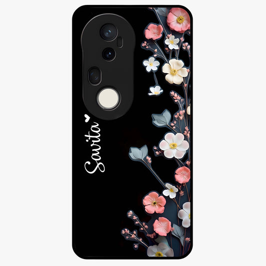 Black Elegance Floral Custom Name Glass Case showing flat back view with elegant floral artwork and personalized name design.