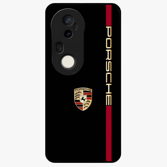 Black Minimal Porsche Glass Case showing flat back view with sleek minimal sports car artwork and glossy glass finish.