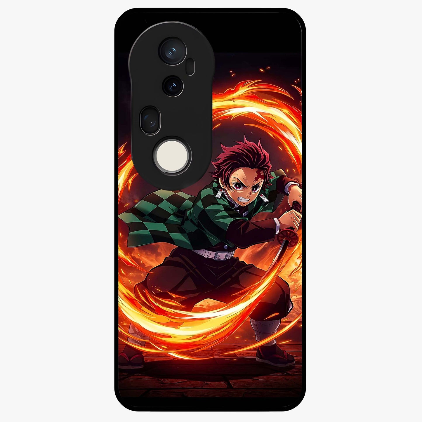 Blazing Sword Resolve Glass Case showing flat back view with fiery sword artwork and glossy glass finish.