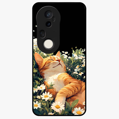 Blissful Bloom Cat Glass Case showing flat back view with cute cat and floral bloom artwork and glossy glass finish.