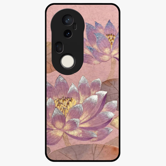 Blossom Mist Lotus Glass Case showing flat back view with serene lotus blossom artwork and glossy glass finish.