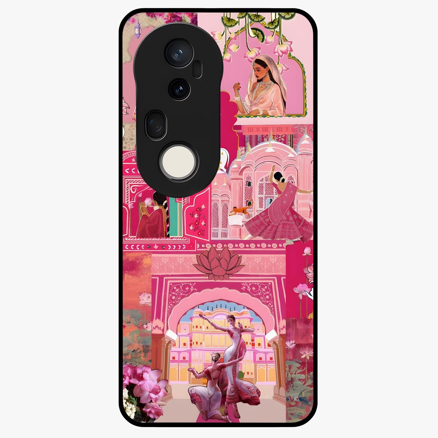 Blossoms of Rajasthan Glass Case showing flat back view with traditional floral artwork inspired by Rajasthan and glossy glass finish.