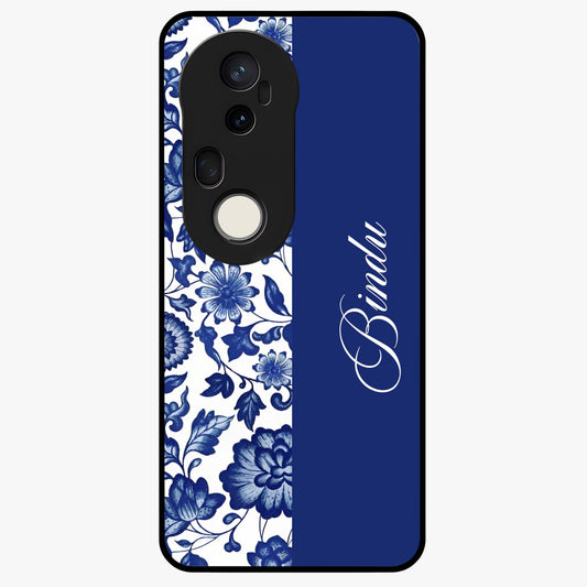 Blue Vintage Floral Pattern Glass Case upright view showcasing timeless floral illustration with vintage inspired style.