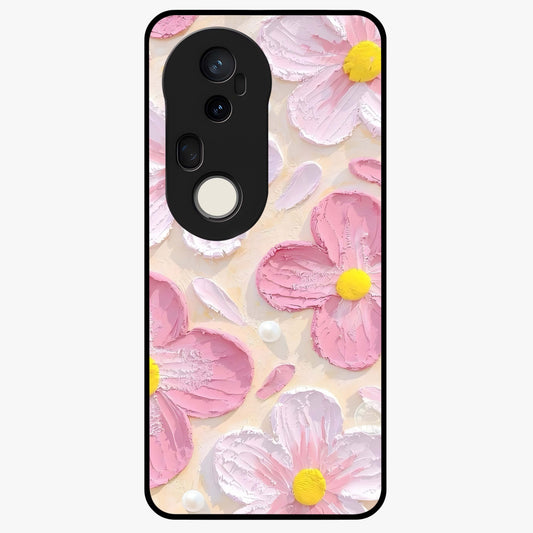 Blush Bloom Texture Glass Case showing flat back view with soft blush floral texture artwork and glossy glass finish.