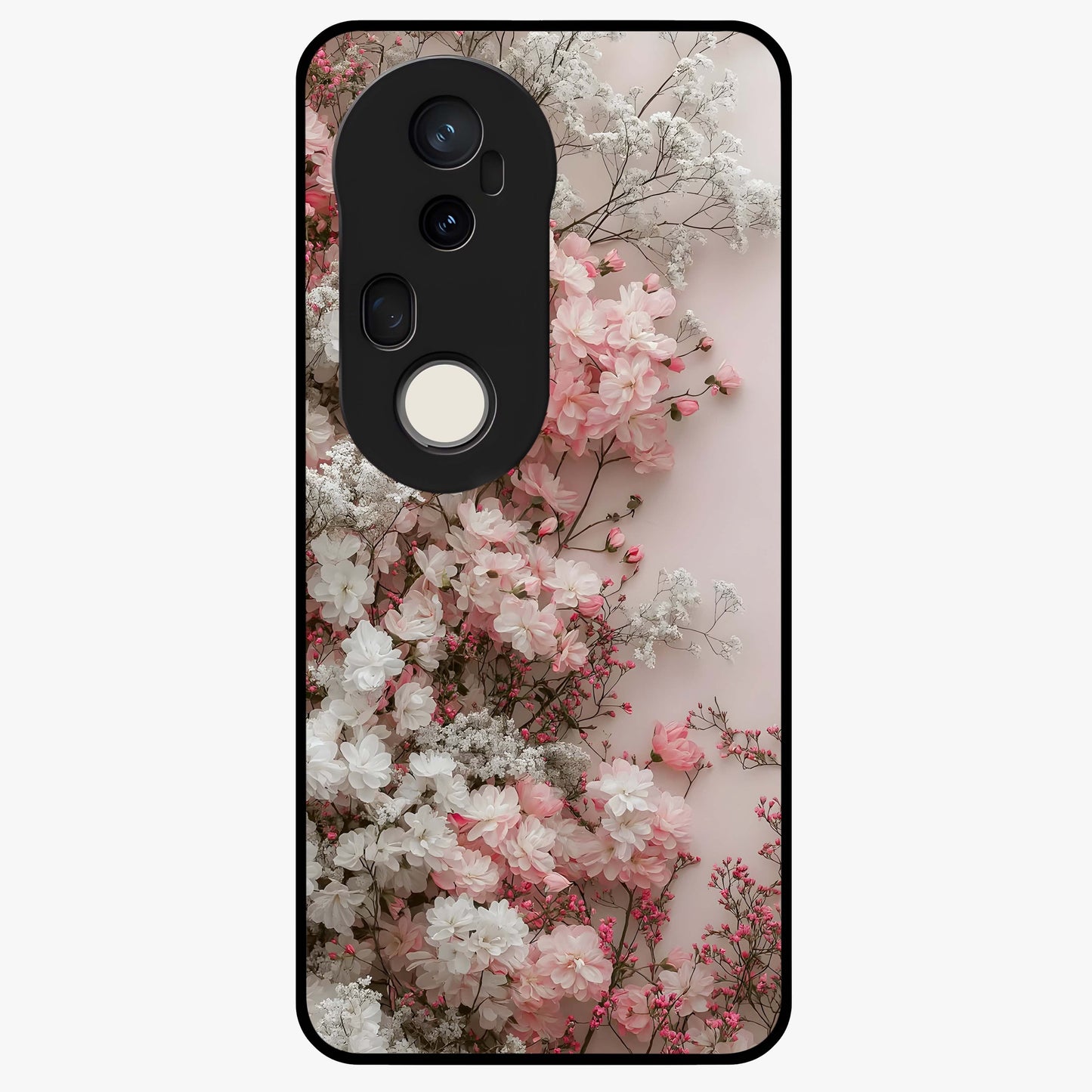 Blush Blossom Cloud Glass Case showing flat back view with dreamy blush cloud blossom artwork and glossy glass finish.