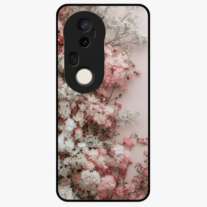 Blush Blossom Cloud Glass Case showing flat back view with dreamy blush cloud blossom artwork and glossy glass finish.