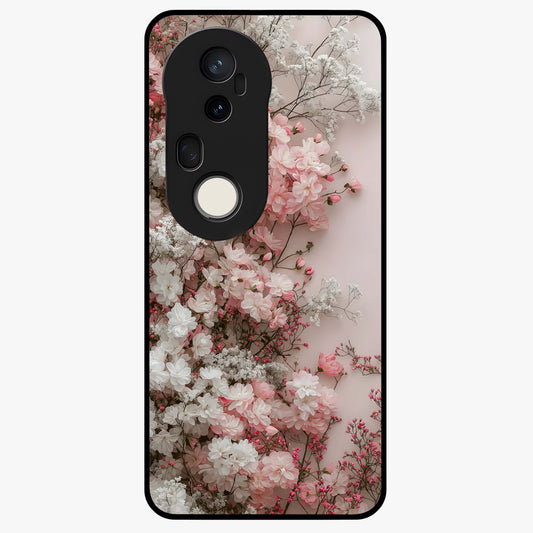 Blush Blossom Cloud Glass Case showing flat back view with dreamy blush cloud blossom artwork and glossy glass finish.