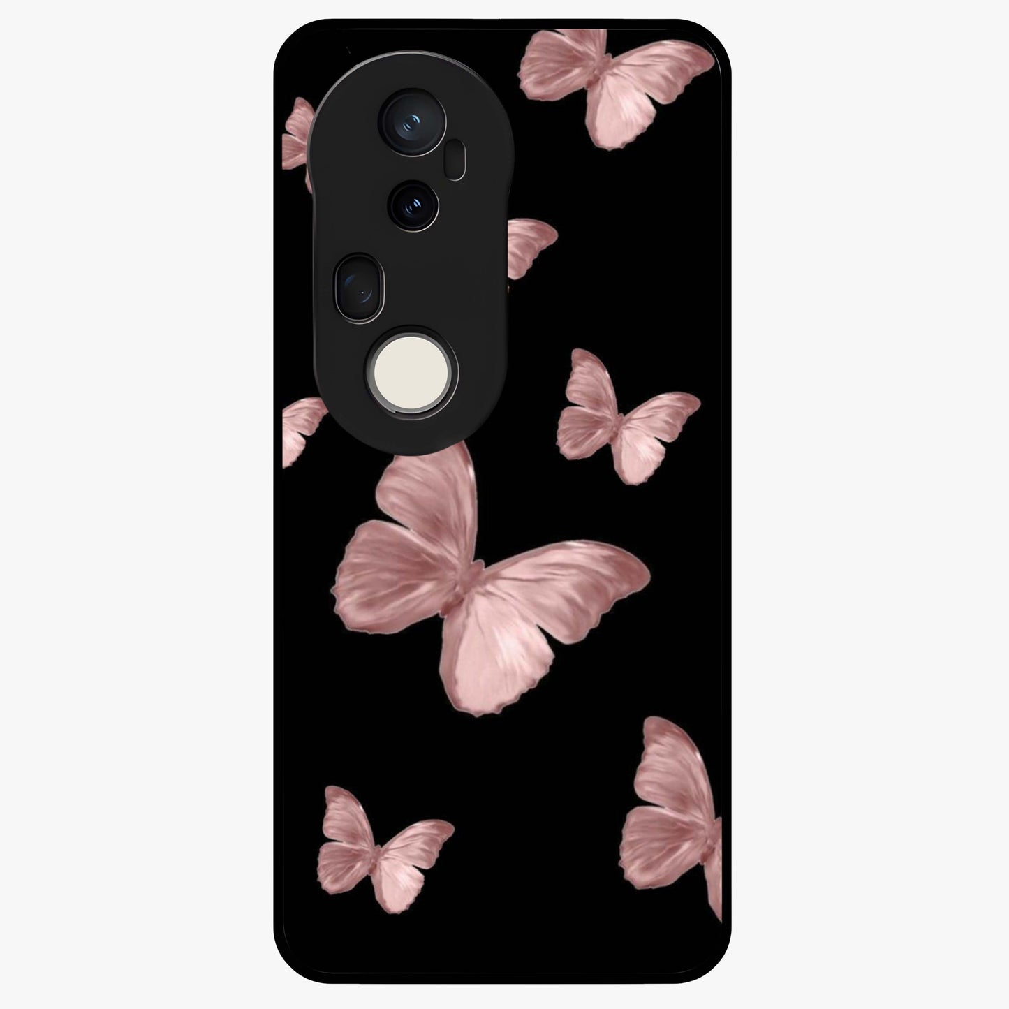 Butterfly Pattern Glass Case showing flat back view with elegant butterfly pattern artwork and glossy glass finish.
