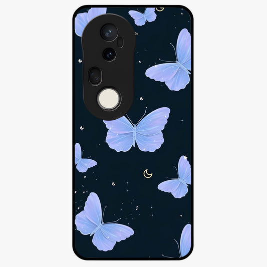 Butterfly With Stars Pattern Glass Case showing flat back view with butterfly and star pattern artwork and glossy glass finish.