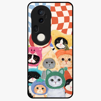 Cats in Fruits Glass Case showing flat back view with playful cat illustrations inside fruit artwork and glossy glass finish.