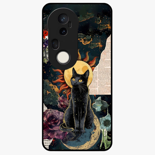 Celestial Black Cat Glass Case showing flat back view with mystical black cat artwork and glossy glass finish.